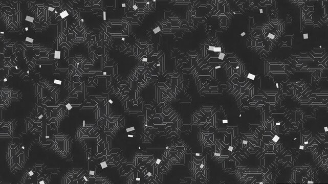 A dark background showcases a complex pattern with various shapes and white specks.