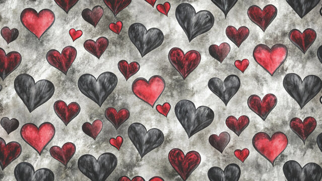 Romantic seamless background filled with various red hand-drawn hearts background 