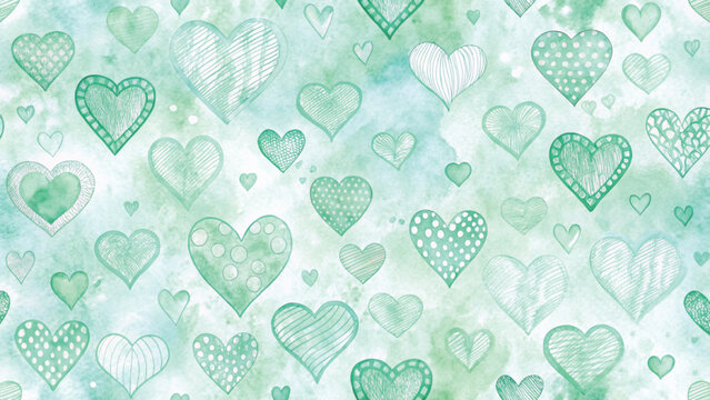 Romantic seamless background filled with various red hand-drawn hearts background 