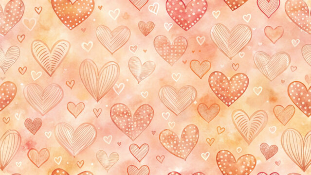 Romantic seamless background filled with various red hand-drawn hearts background 