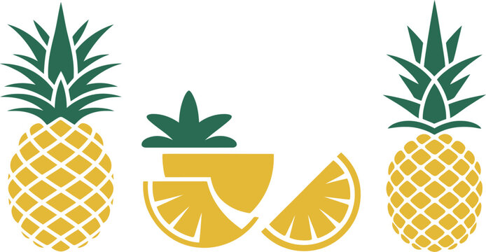 Pineapple fruit graphics showing whole exotic fruit and sliced pieces with green leaves on background. Vector illustration