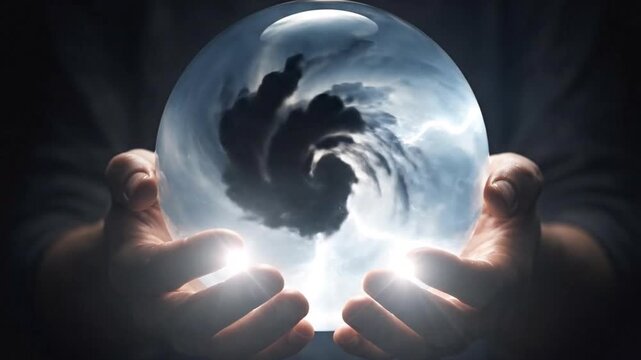 Glowing earth sphere with lightning energy in hands, global power concept, futuristic science, environmental theme.