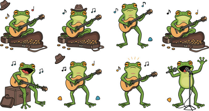 Cute frog musician cartoon set with guitar playing singing and performance scenes in colorful fun style isolated on white background