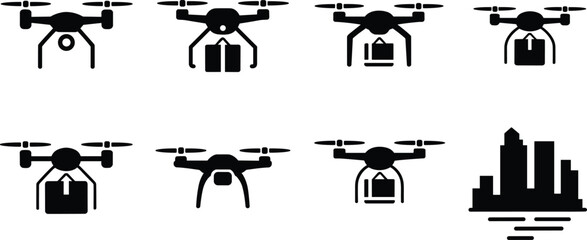 Drone delivery silhouette illustration featuring cargo transport and city skyline, symbolizing logistics, technology, and urban infrastructure design projects © ANWAR