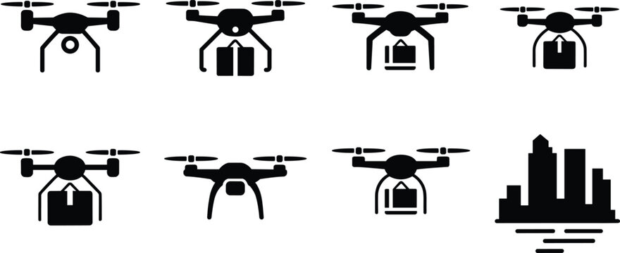 Drone delivery silhouette illustration featuring cargo transport and city skyline, symbolizing logistics, technology, and urban infrastructure design projects