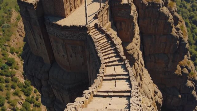 Aerial view ancient cliff fortress with winding stone stairway along sheer precipice, flagtopped parapets and ornate masonry, sunlit sandstone walls, sweeping valley panorama, remote outpost evoking