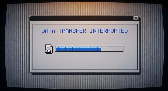 Data transfer interrupted on wooden background with progress bar with user interface.