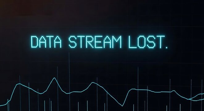 Digital screen with neon text "data stream lost" and futuristic waveform graph.
