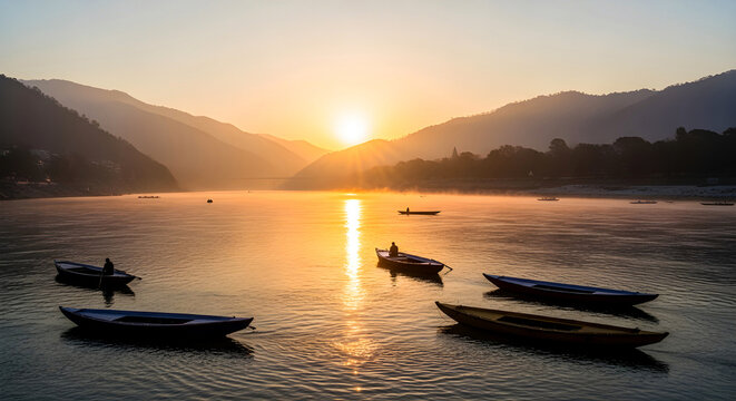 Dawn Light Over the Ganga in Rishikesh
