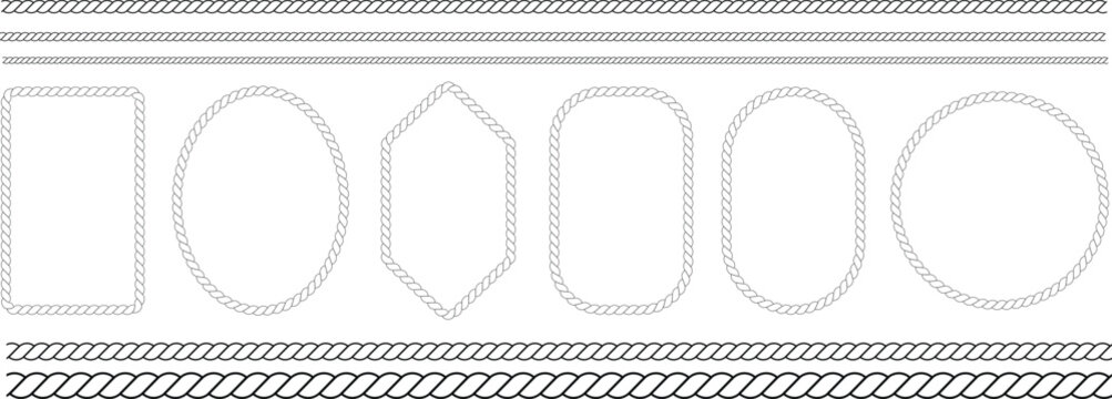 Collection of braided rope lines and various shaped frames on a clean white background