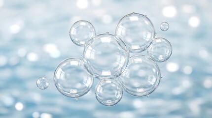 Fototapeta premium Highly Detailed 3D Clear Water Bubbles with Subtle Iridescence on Fresh Blue Bokeh Background for Skincare and Beauty Concepts