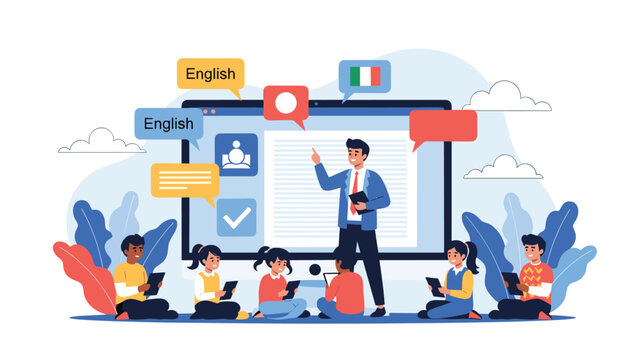 Teacher on large screen teaching diverse group of students using tablets in online language learning classroom environment.