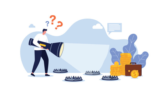 Cautious man holding a large flashlight to avoid dangerous bear traps while walking towards a stack of gold coins and briefcase.
