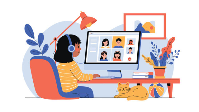 Young student girl with headphones using her desktop computer for online video call classes at home with her cat and toys.