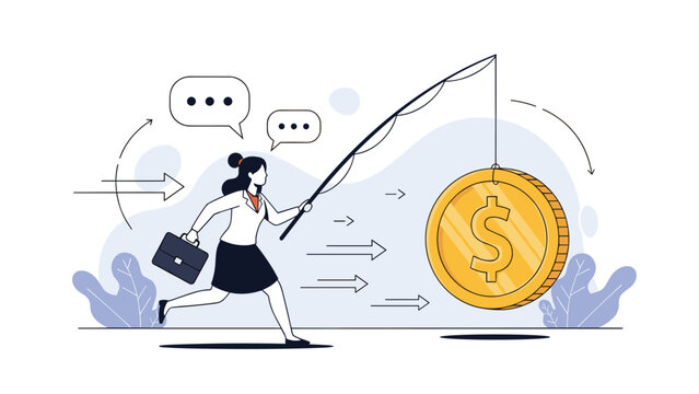 Determined businesswoman running with a briefcase while chasing a large gold dollar coin bait hanging from a fishing rod.