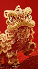 Fototapeta premium Red and gold Chinese lion dance illustration, traditional lion dance figure, festive background for Chinese New Year celebration