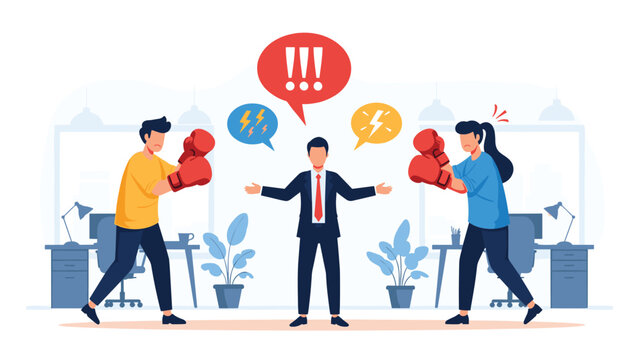 Two office employees wearing boxing gloves engage in a heated argument while a mediator tries to resolve the workplace conflict.