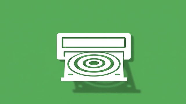 A white icon of a disc drive with a disc inside on a green background