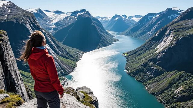 Woman gazes at a vast mountain valley with a serene blue lake