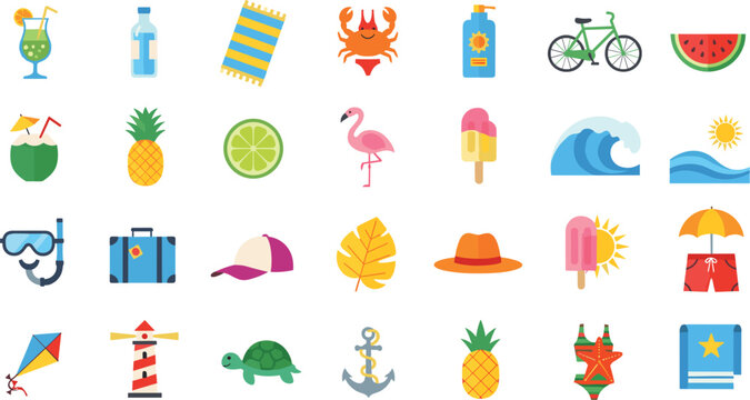 Collection of summer vacation vector icons including beach drink flamingo pineapple sunglasses umbrella wave and tropical holiday elements set