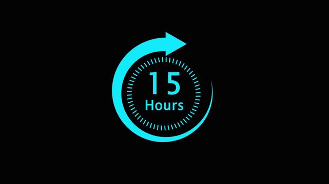 Blue timer icon with fifteen hours and circular arrow on black background  time concept