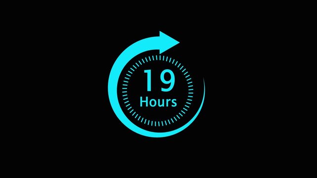 Blue timer icon with nineteen hours on black background  circular arrow and clock face with dashes