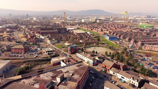 Travelling 4K 60FPS aerial video of C.S. Lewis Square on the Newtownards Road in East Belfast, Northern Ireland in the UK. Produced in 3840x2160 ratio and with Rec709 color.