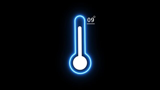 Neon blue thermometer icon with white outline and nine degrees temperature display