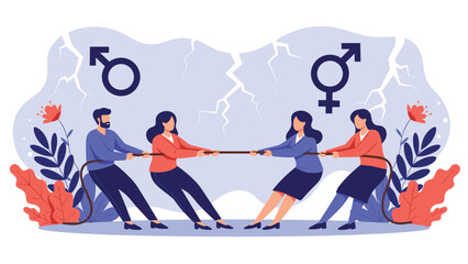 Fototapeta premium Group of diverse people participate in a tug of war game beneath large gender symbols, representing the social struggle for equality between sexes.