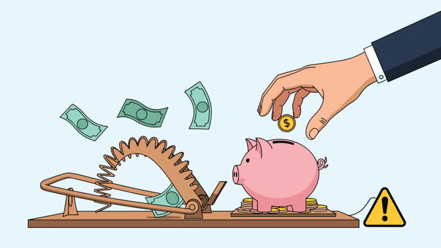 Human hand places a gold coin into a piggy bank positioned on a dangerous trap, representing financial risk and various investment scams.