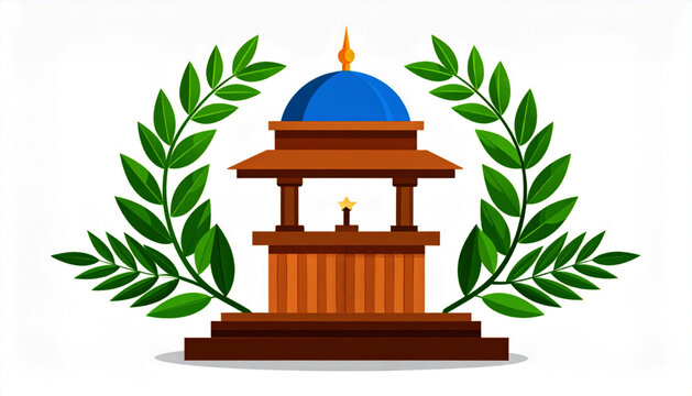Flat Style Decorative Chhatri Monument with Green Leaves Branch.