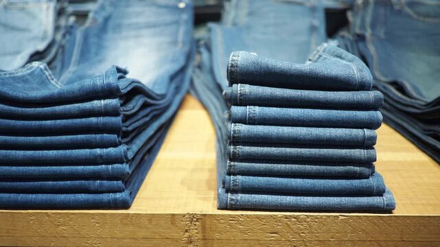 Neatly folded denim jeans stacked on wooden shelf in retail store, fashion display.