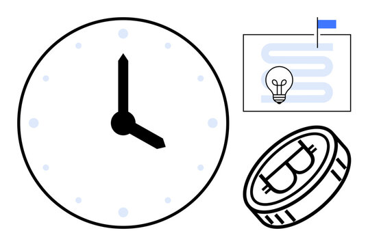 Time management concept. Clock time, strategy chart with lightbulb for ideas, and cryptocurrency coin for financial growth. Time management for productivity, planning, crypto, investment focus