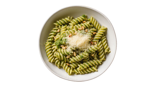 Delicious fusilli pasta with fresh green pesto, pine nuts and grated Parmesan cheese