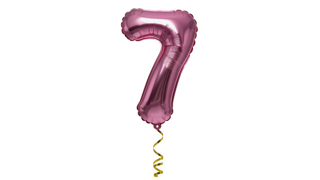 Shiny metallic pink number seven balloon elegantly suspended by a golden ribbon, isolated on transparent background for celebratory designs