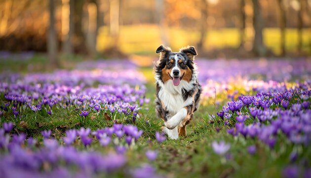 Energetic canine joyfully bounds through field of vibrant purple crocus flowers on sunny day