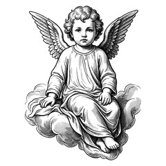 Naklejka premium Vintage cherub angel on cloud engraving hand drawn