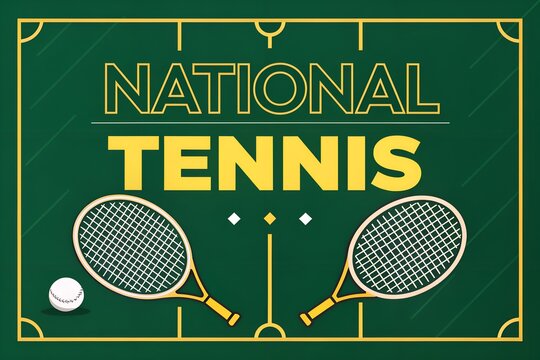 A vibrant graphic illustration depicting a national tennis event with two classic rackets and a single white tennis ball resting on a stylized green court, outlined with bold yellow lines. This dynami