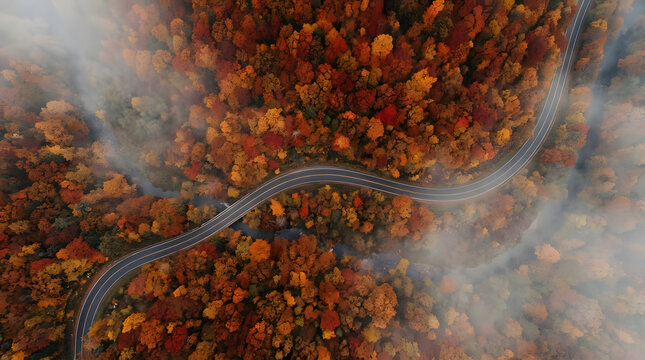 Serene aerial view a winding road cuts through a vibrant autumn forest, showcasing rich fall colors partially veiled by gentle, ethereal morning mist and fog