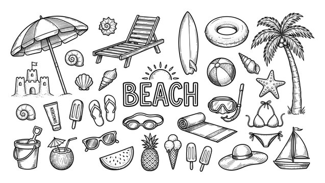 Beach summer vacation doodle and tropical element engraving set
