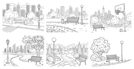 Obraz premium City park and public garden landscape line art sketch set with bench and skyline