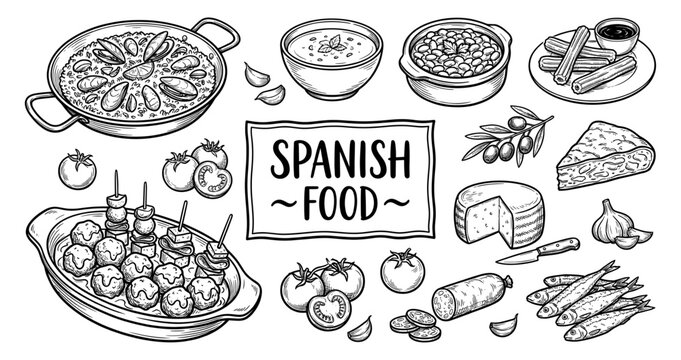 Spanish food and tapas hand drawn line art sketch set
