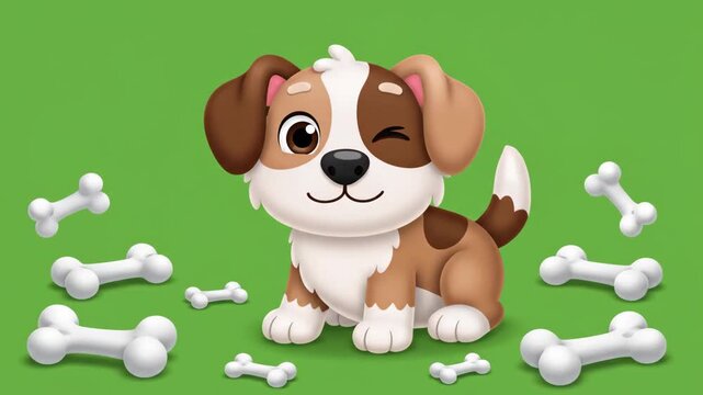 Happy cartoon puppy winking, surrounded by dog bones on a cheerful green background
