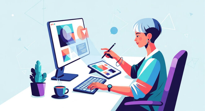 Illustrative Graphic Designer at Work with Computer and Tablet.