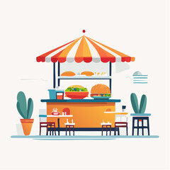 Obraz premium Vibrant street food stall with delicious burgers and salads, offering a casual dining experience