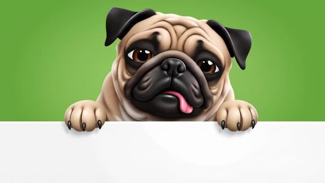 Cute Pug Dog Peeking Over Blank White Sign - Adorable Pet Illustration with Copy Space