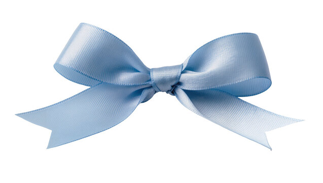 Delicate light blue satin ribbon bow with gracefully flowing tails, isolated on transparent background for elegant gift wrapping designs