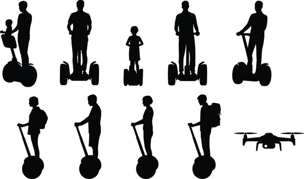 Self-balancing scooter and drone silhouette illustration featuring hoverboards, Segways, and urban transport, symbolizing mobility, technology, and modern lifestyle design projects