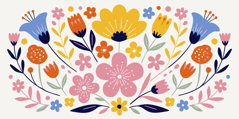 Fototapeta premium Symmetrical cluster of stylized flowers and leaves forms an ornamental crest, featuring rounded petals and pointed leaves in a bright and welcoming color scheme on an off-white surface.