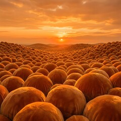 Obraz premium A serene landscape of numerous rounded orange objects fills the foreground, with a vibrant orange sky and sunset in the background